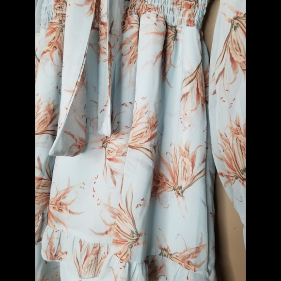 Blue floral chiffon long sleeve smocked waist tie bust tiered ruffle mini dress - Picture 4 of 8